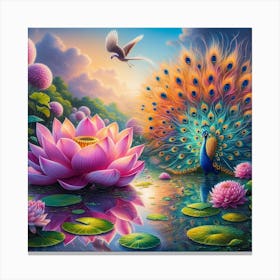 Peacock And Lotus Canvas Print