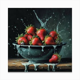 A delicate oil painting on black canvas of a plate filled with red berries Canvas Print