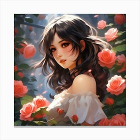 Japanese girl and roses Canvas Print