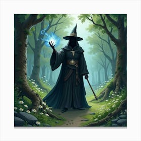 Black Magic Sorcerer In A Watercolor Enchanted Forest 1 Canvas Print