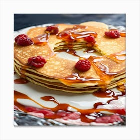 Pancakes With Syrup And Raspberries Canvas Print