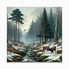 Deer In The Snow, Acrylic Painting Style Canvas Print