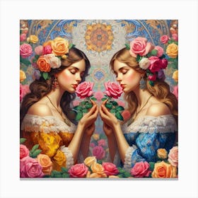 Two Girls With Roses 1 Canvas Print