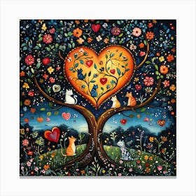 Folk Art Heart Tree Cat Climbing Artwork 2 Canvas Print