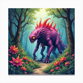 Monster In A Colorful Watercolor Jungle, Vivid And Eerie 1 Canvas Print