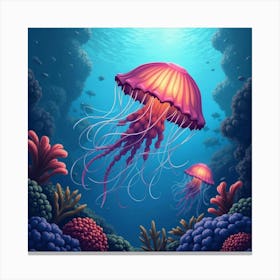 Jellyfish In A Blooming Reef 1 Canvas Print