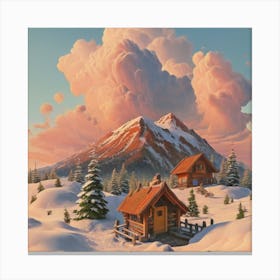 Mountain village snow wooden huts 7 Canvas Print