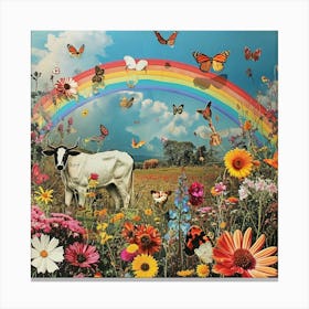 Cow & Butterflies Rainbow Floral Collage Canvas Print