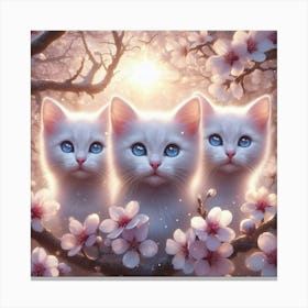 Three Kittens In Cherry Blossoms 1 Canvas Print