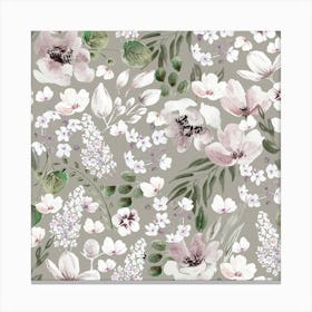 Watercolor White Flowers Pale Green Canvas Print