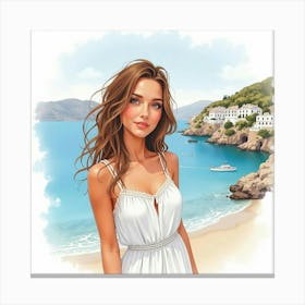 Watercolor Portrait Of A Lovely Greek Woman With A Charming Coastal View In The Background 1 Canvas Print