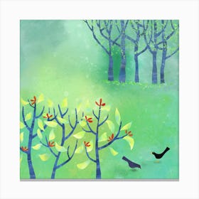 Birds Blossom and Trees Green Landscape Canvas Print