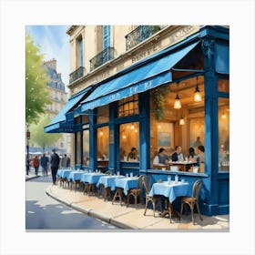 Paris France Cafe Scene Illustration Sage Blue Watercolor Art Print Canvas Print