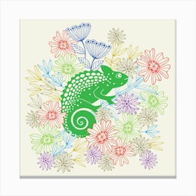 CHAMELEONS JUST WANNA HAVE FUN Cute Rainforest Reptile Line-Drawing Floral in Jungle Green Red Purple Blue Yellow Canvas Print