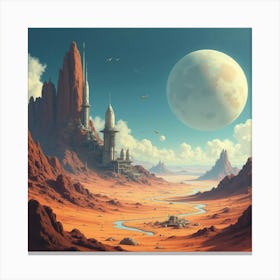 Space Colony On A Distant Planet, Watercolor Textures Of Alien Landscapes 1 Canvas Print