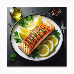 A delectable grilled salmon fillet, seasoned to perfection with a medley of aromatic herbs and spices, nestled atop a bed of fresh parsley, accompanied by vibrant lemon wedges, evoking a symphony of flavors and textures that dance on the taste buds, creating a culinary masterpiece that tantalizes the senses and satisfies the soul. Canvas Print