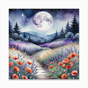 Moonlight Over Blooming Poppies and Lavender, Watercolor Painting Canvas Print