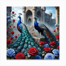 Peacocks And Roses Canvas Print