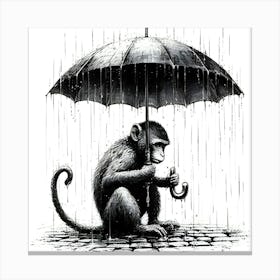 Monkey Holding An Umbrella In The Rain, Ink Drawing Canvas Print