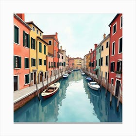 Picturesque Venetian Canals In Watercolor, With Colorful Facades And Reflections 1 Canvas Print