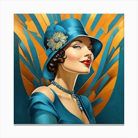 Woman In A Blue Hat - Art Deco Style - Woman Canvas Print