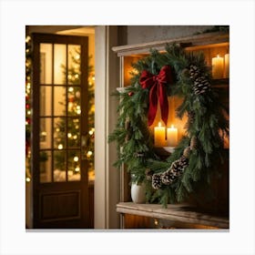 Closeup Capture Of A Decorated Shelf With A Festive Christmas Wreath Adjacent To A Warmly Lit Door Canvas Print