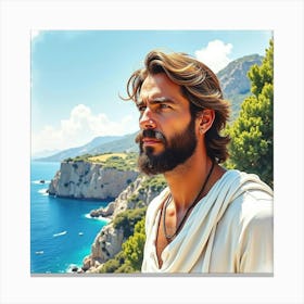 A Watercolor Painting Of A Greek Man With A Classic Aura Amidst A Scenic Coastal Landscape 1 Canvas Print