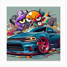 Blue Dodge Charger Hellcat Vehicle Colorful Comic Graffiti Style Canvas Print
