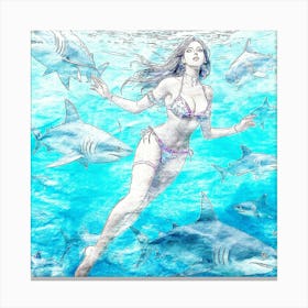 Woman With Shark Swimming Underwater Canvas Print