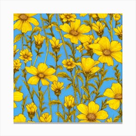 Yellow Flowers On Blue Background Canvas Print