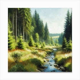 Stream In The Forest, Acrylic Painting Style 18 Canvas Print