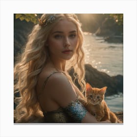Blonde mermaid cuddles kitten Canvas Print