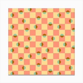 DAPPLED Retro Minimalist Mid-Century Modern Geometric Checkerboard with Polka Dots in Pink Mint Cream Brown Canvas Print