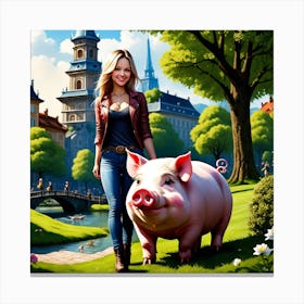 Girl With A Pig Canvas Print