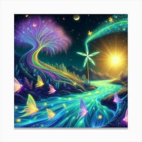 Stream With Bioluminescent Fish Butterflies Sun Spinning Wind Tree 7 Canvas Print