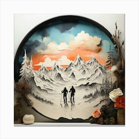 Boho art silhouette of Mountains and skiers Canvas Print