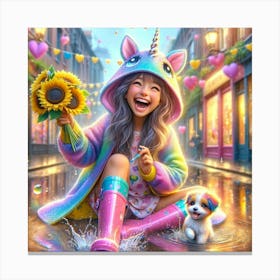 happy young girl, colorful rainbows and sunflowers - Childrens 1 Canvas Print