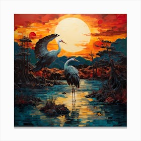 Turquoise Reflections of Graceful Cranes Canvas Print