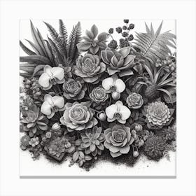 A Garden of Art: A Realistic and Textured Drawing of a Botanical Garden with Different Types of Flowers and Plants Canvas Print