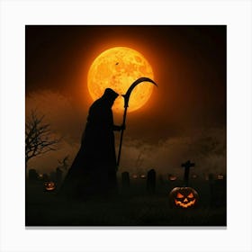 Reaper Silhouette Scythe Raised Against A Backdrop Of A Full Moon On Halloween Night With Wisps O Canvas Print