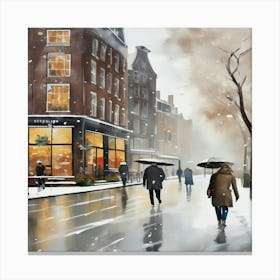 Amsterdam cafes, winter season, Christmas, pale colors, pedestrians in the street, winter clothes, falling snow.2 Canvas Print