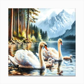 Swan Family in Mountain Lake Color Painting - Wild Bird Artwork 139 Canvas Print