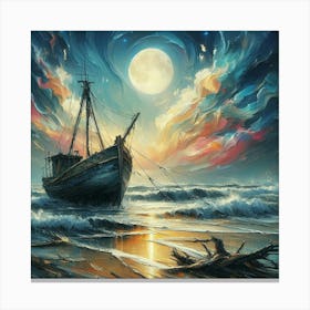 Discover the Mystique: Forgotten Fishing Boat in Moonlit Waves - Greg Rutkowski's Masterpiece in Oil Painting with Bold Strokes and Intricate Details. Canvas Print