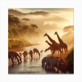 Giraffes At The River Canvas Print