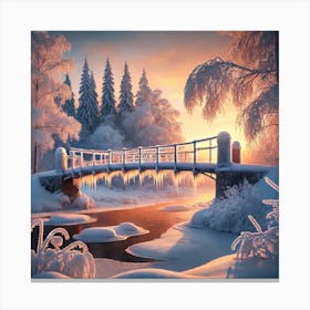 Snowy Bridge at Sunset Wall Art: A Serene Winter Landscape for Tranquil and Nature-Inspired Home Decor Print Art Canvas Print