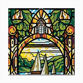 Image of medieval stained glass windows of a sunset at sea 11 Canvas Print