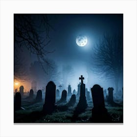 Cemetery Scene On A Halloween Night With Fog And Ghostly Silhouettes Against The Night Sky Haunted Canvas Print