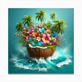 Tropical Flowers In A Coconut Canvas Print