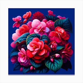 "Midnight Bloom"  A vibrant burst of crimson and pink camellias comes to life against an enigmatic midnight blue background, their petals and leaves rendered with hyper-realistic detail that captures the essence of nature's perfection.  This piece offers a visual feast of color and contrast, where the timeless beauty of blooming camellias symbolizes both passion and gentleness, an ideal accent to elevate the energy and aesthetic of any living space. Canvas Print