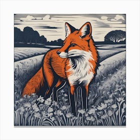 Fox In The Field Linocut 1 Canvas Print